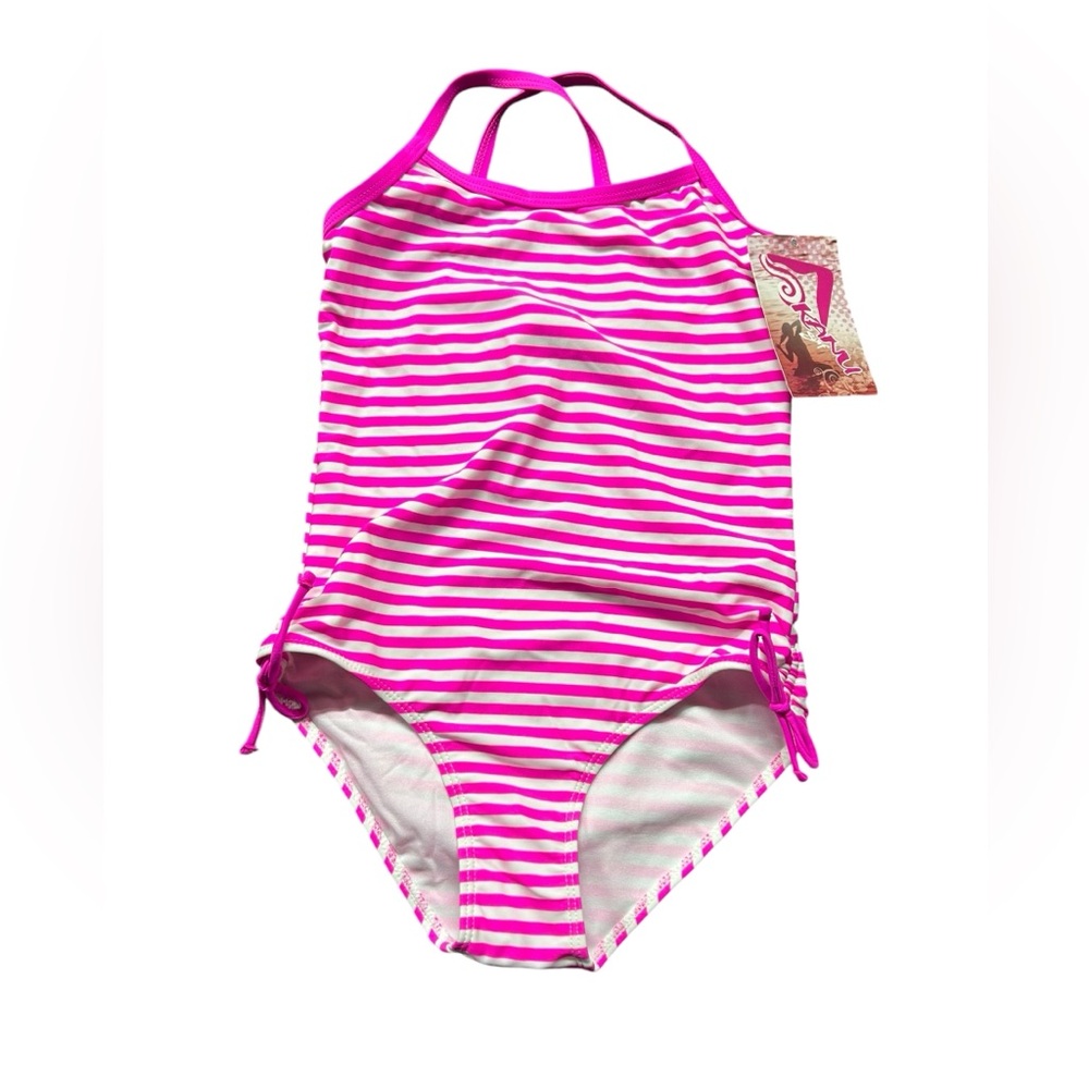 KANU SURF girls size 12 BALI pink white stripe one piece swimsuit style 2535 NWT